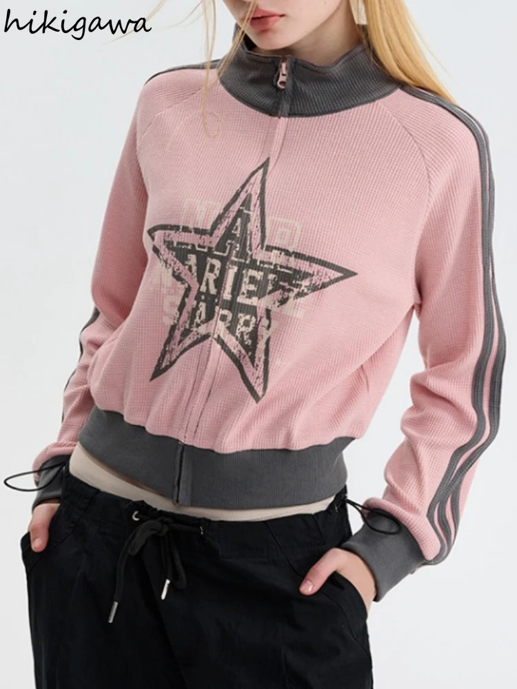 Stand Neck Star Hoodies for Women 2023 Ropa Mujer Fashion Zipper Y2k Cropped Tops Casual Vintage Korean Y2k Sweatshirts Jacket