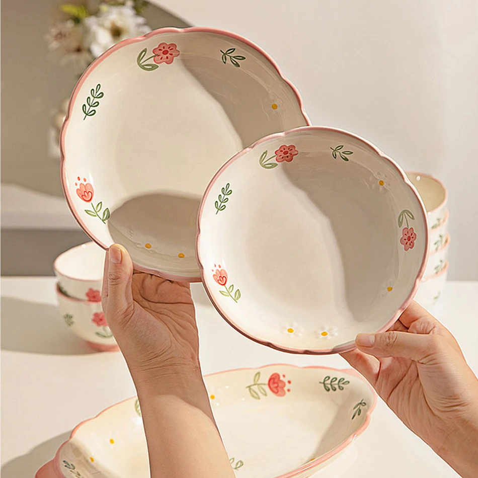 Sunny Day Series Floral Pattern Ceramic Tableware 8in Disc Square Dinner Plate 4.5in Rice Bowl 8in Soup Bowls 13.4in Fish Plates