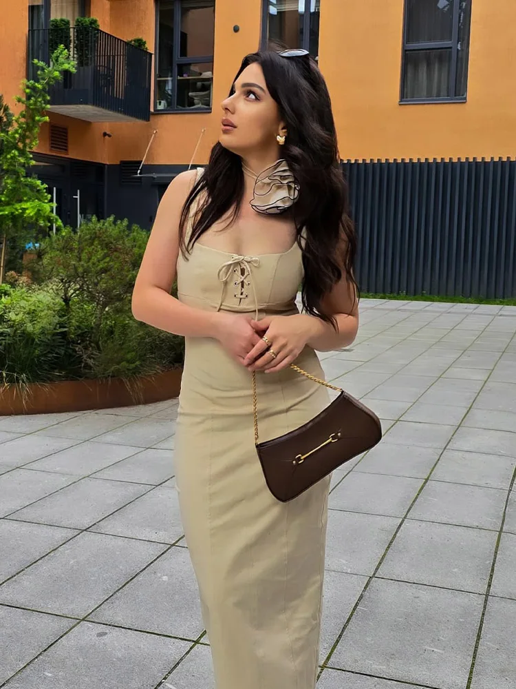 TRAFZA 2024 Women Fashion Chic Chest Cross Lace Up Sleeveless Backless Slip Dress Woman Zipper Slit Hem Midi Dresses Mujer TRAF