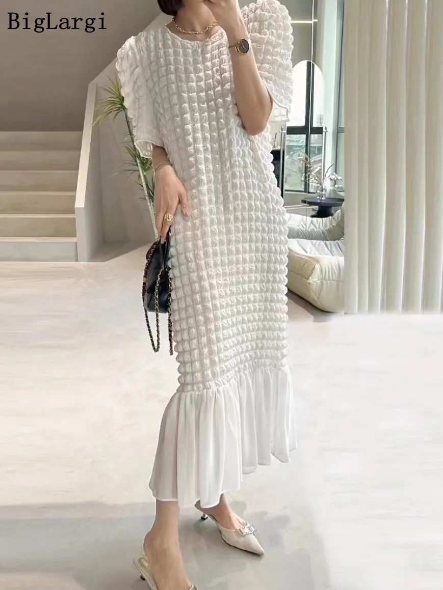 Plaid Dresses For Women O-neck Patchwork Puff Sleeve Loose 2024 Summer Female Solid Color Elegant Clothing