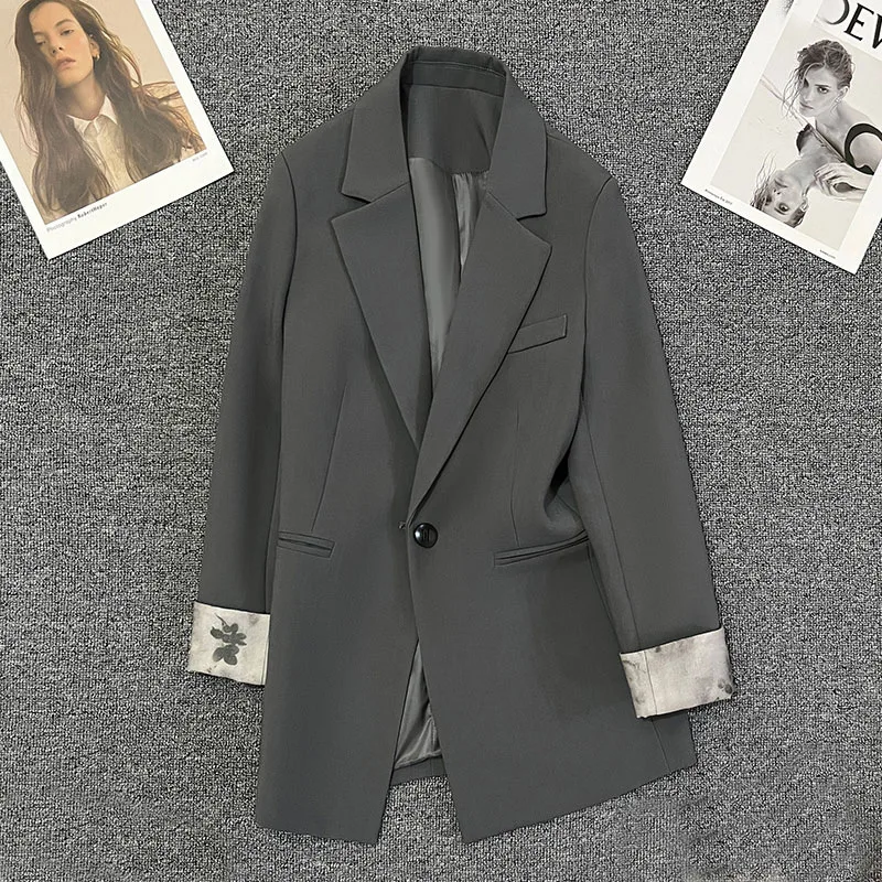 Women's Grey High-Quality Vintage Blazer 2025 Autumn New Suit Jacket with Unique Cuff Design Elegant