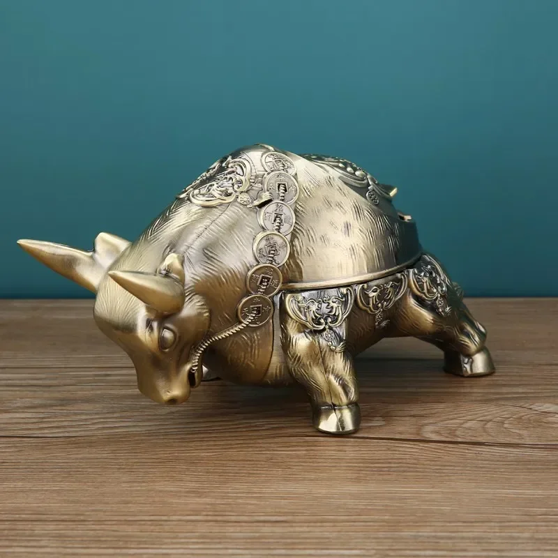 

Ox Metal Ashtray - Large Windproof Covered Ash Tray for Home/Office, Unique Animal Decor