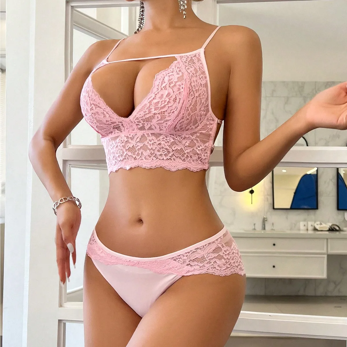 

European and American popular couple flirting pink seduction sexy lace underwear set bold female sexy indoor clothing