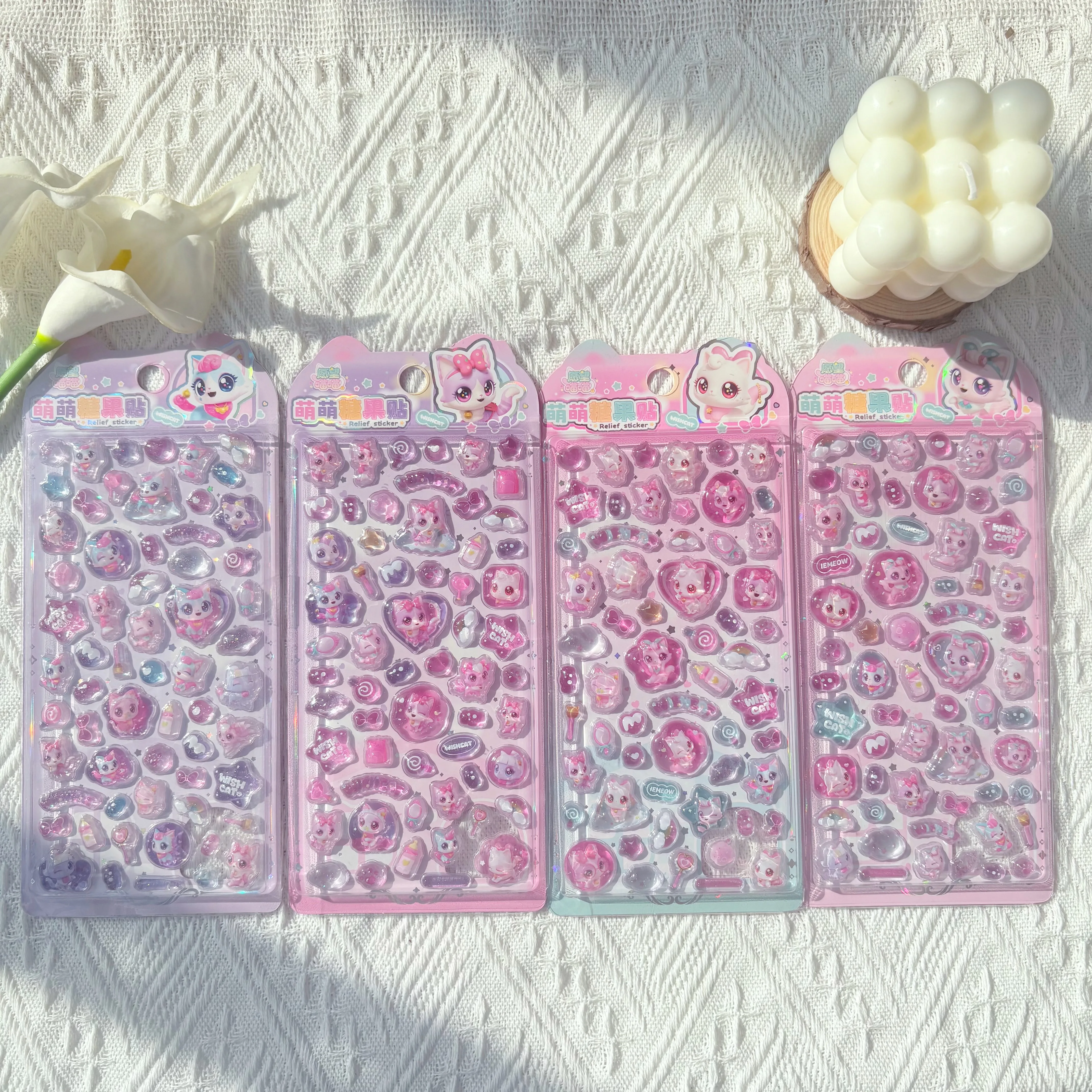 

Popular Cute Wishful Cat 3D Stickers 4pcs Handmade DIY Decorative Cartoon Candy Cat Heart Shaped Stickers for Kids