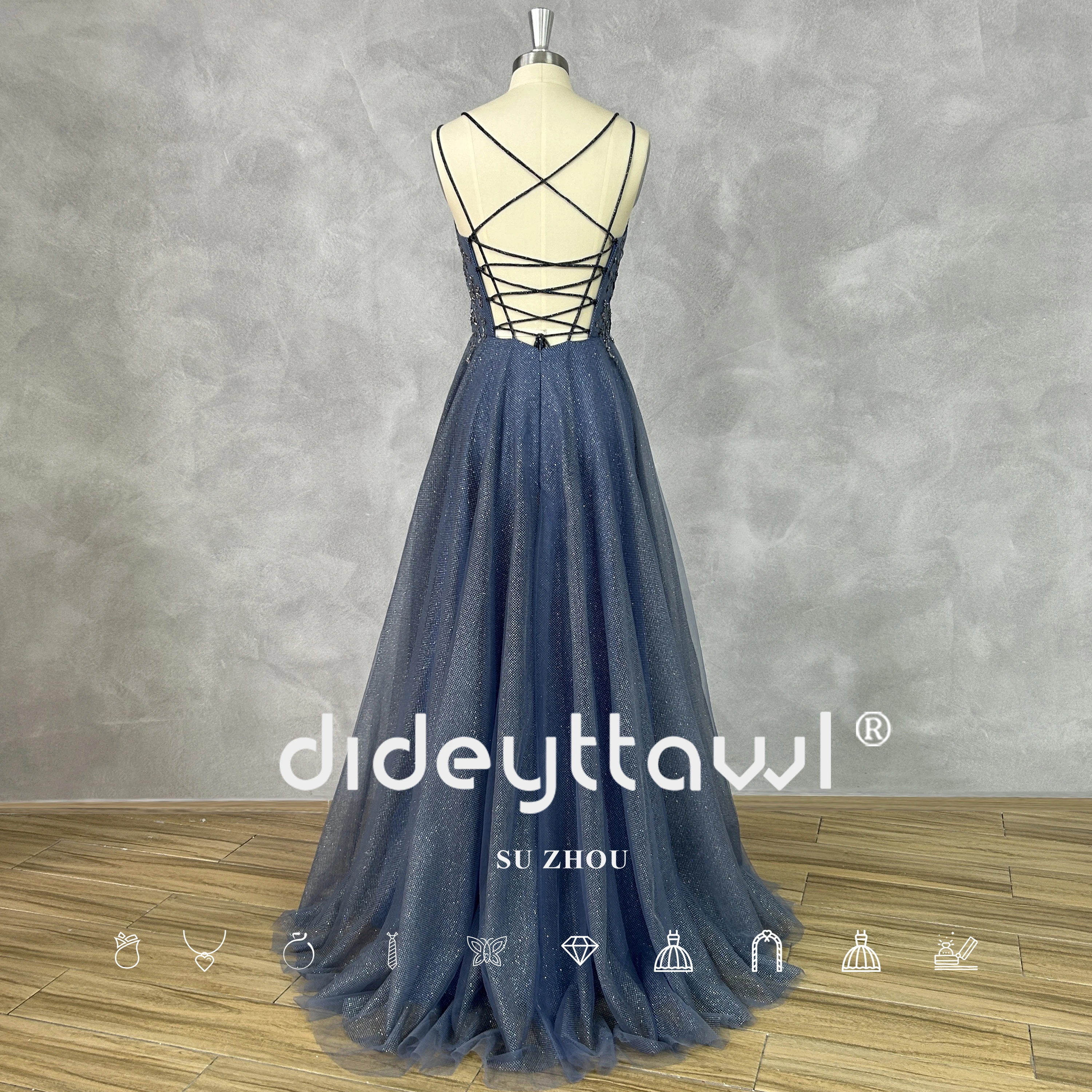 DIDEYTTAWL Real Photos V-Neck  Appqiques Shiny Tulle Prom Dress Sleeveless A Line Lace Up Back Floor Length Evening Gown