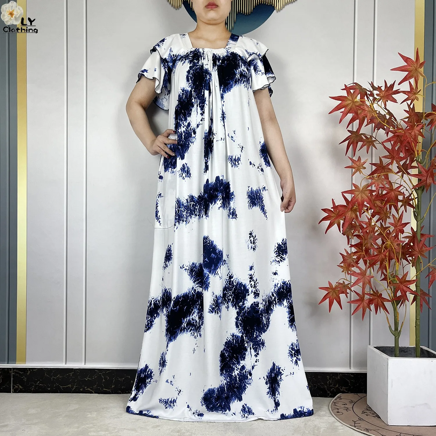 2026Fashion Elegant Dress Tie-dye Cotton Dubai Abaya Women Dress Boat-Neck Short Sleeve Loose Long Maxi Casual African Clothing 3