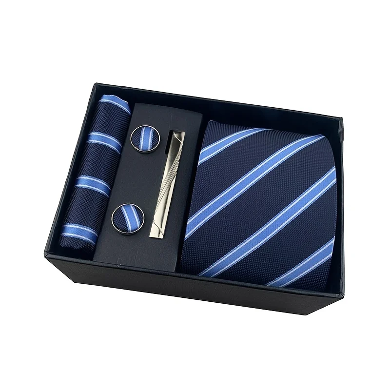 Men's Business Tie Square Towel Gift Box Striped Plain Suit Shirt Tie Black Gift Box Set