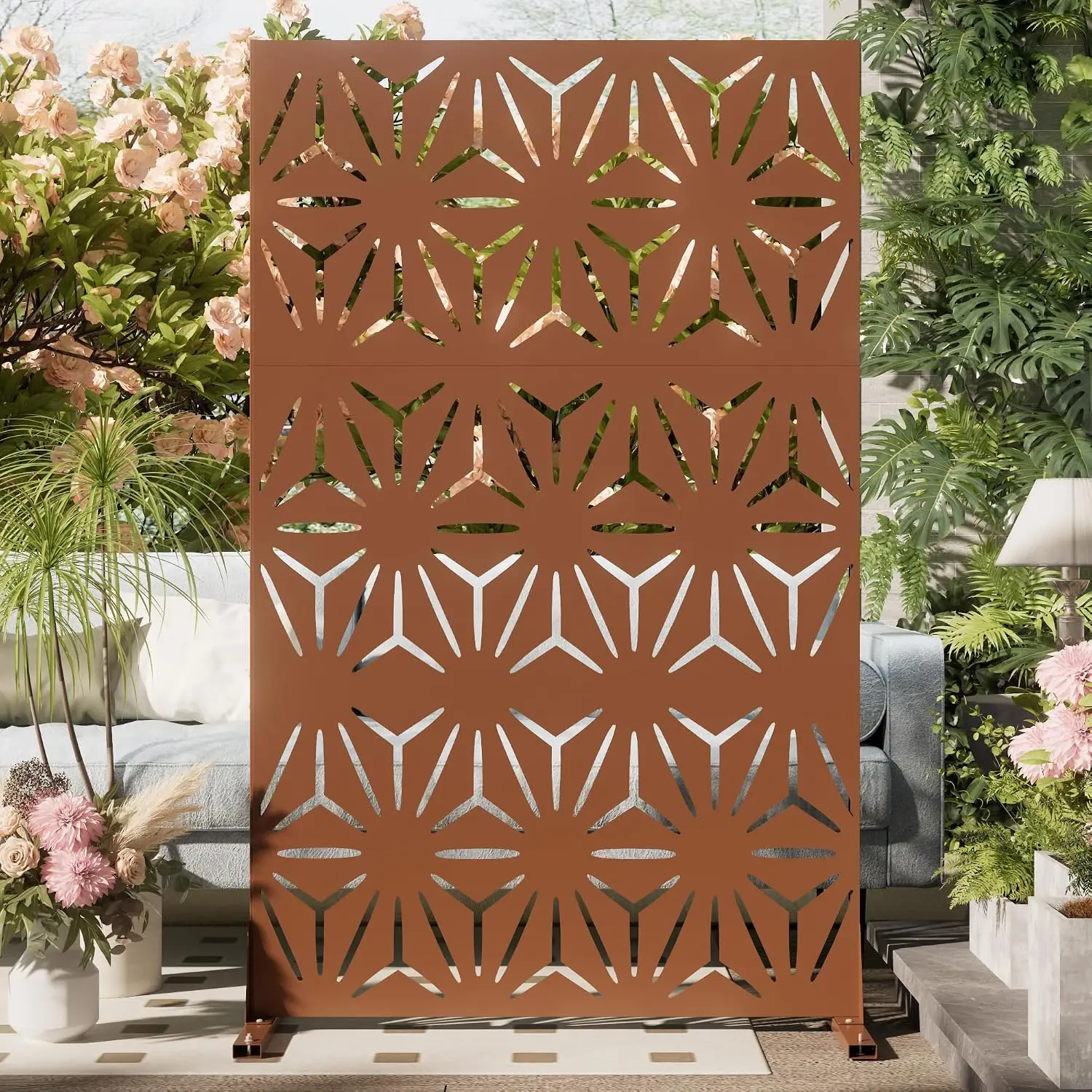 Metal Privacy Screen Outdoor 72" H×44" W -Brown Freestanding Outdoor Privacy Panels with Stand, Decorative Fence for Patio, Deck