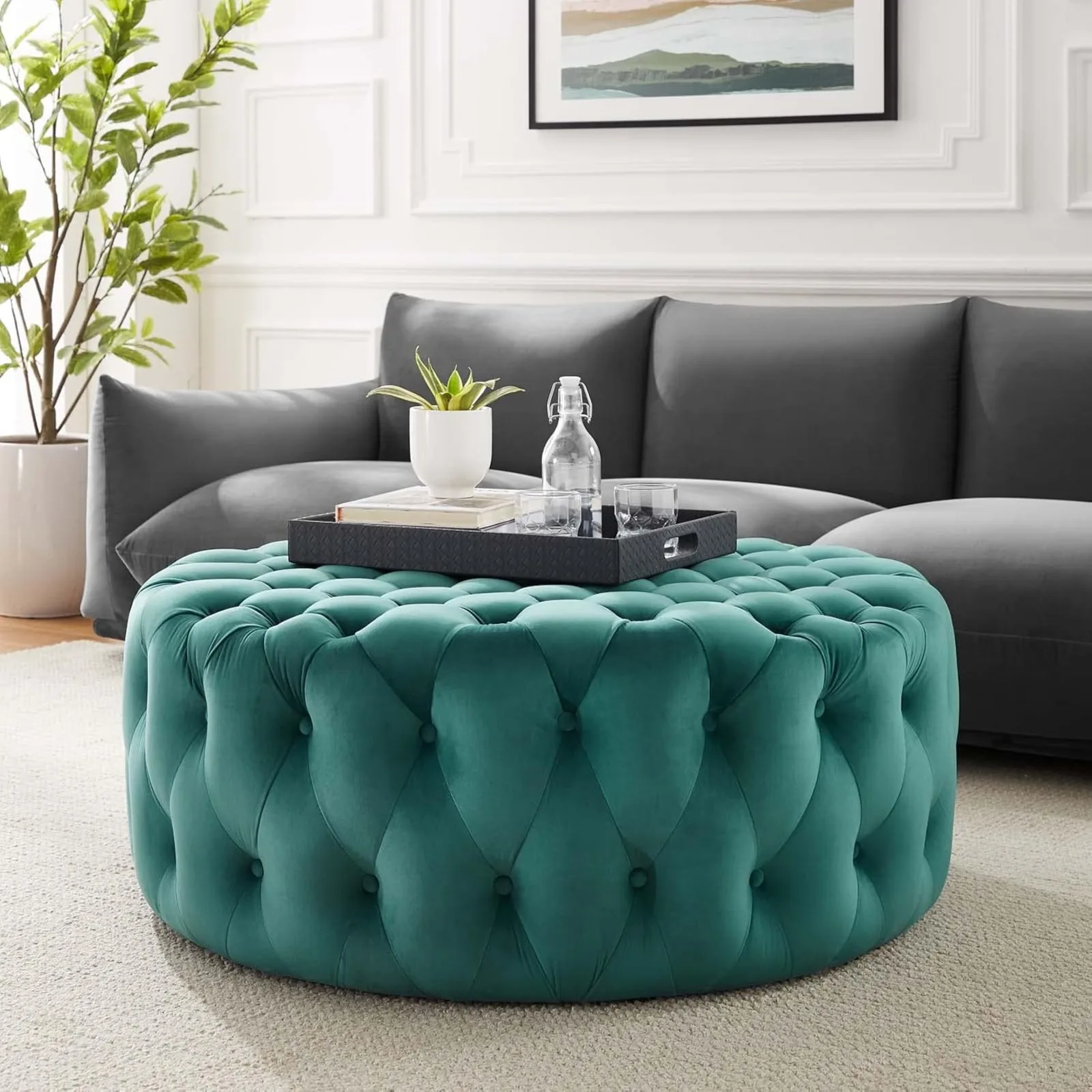 US Amour Tufted Button Large Round Performance Velvet Ottoman, Teal