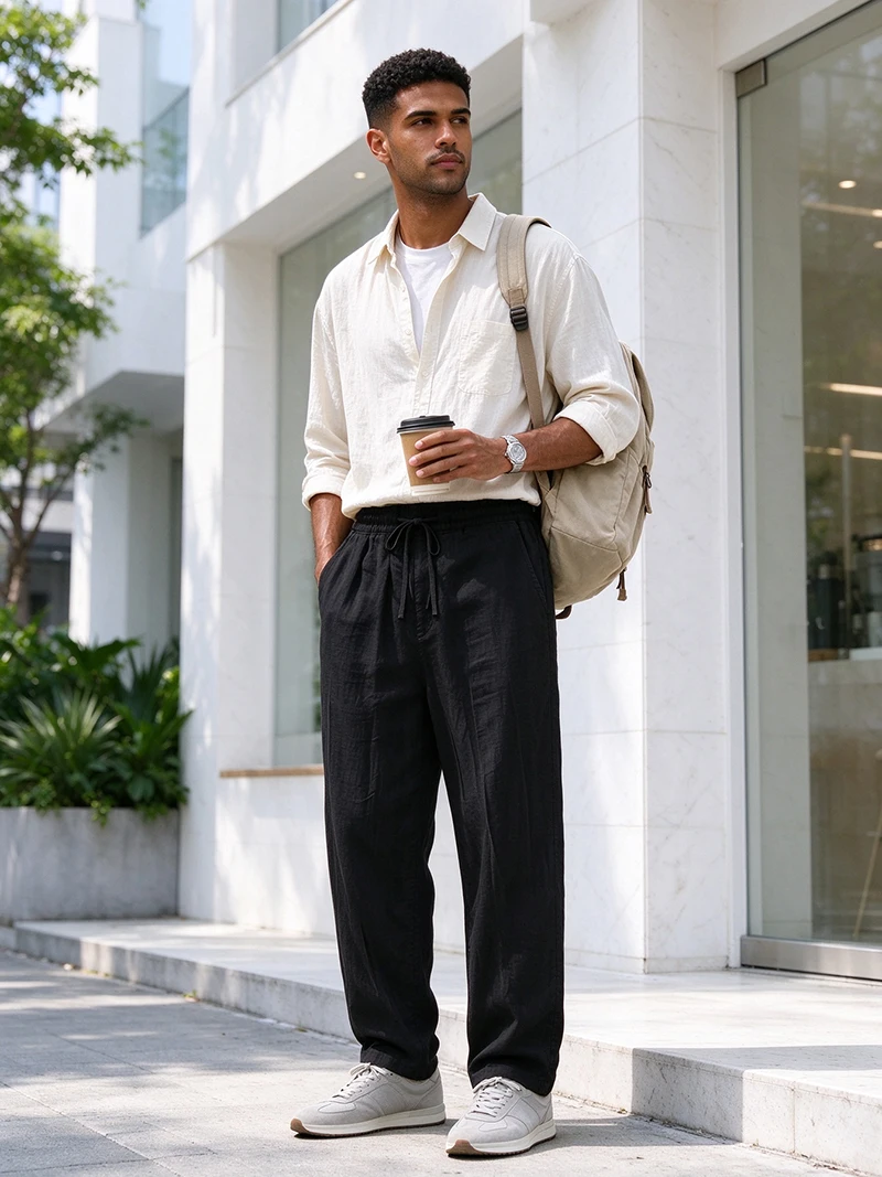 Men Linen Long Pants Drawstring Waist Loose Fit Solid Casual Daily Office Beach Vacation Outdoor Street Travel Everyday Wear