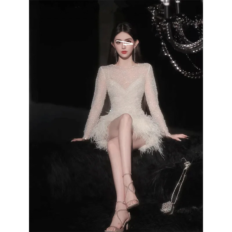 Miiiix Korean Fashion Pure Color Socialite High-end Dress 2024 Women's Spring New White Feather Dresses Female Clothing