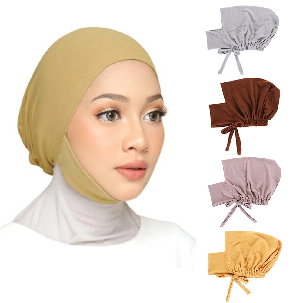 Muslim Women Undercap Bonnet Turbans Headtie Inner Hijabs Bonnet Elastic Adjustable Cotton Elastic Tie Up  Islamic Headscarf