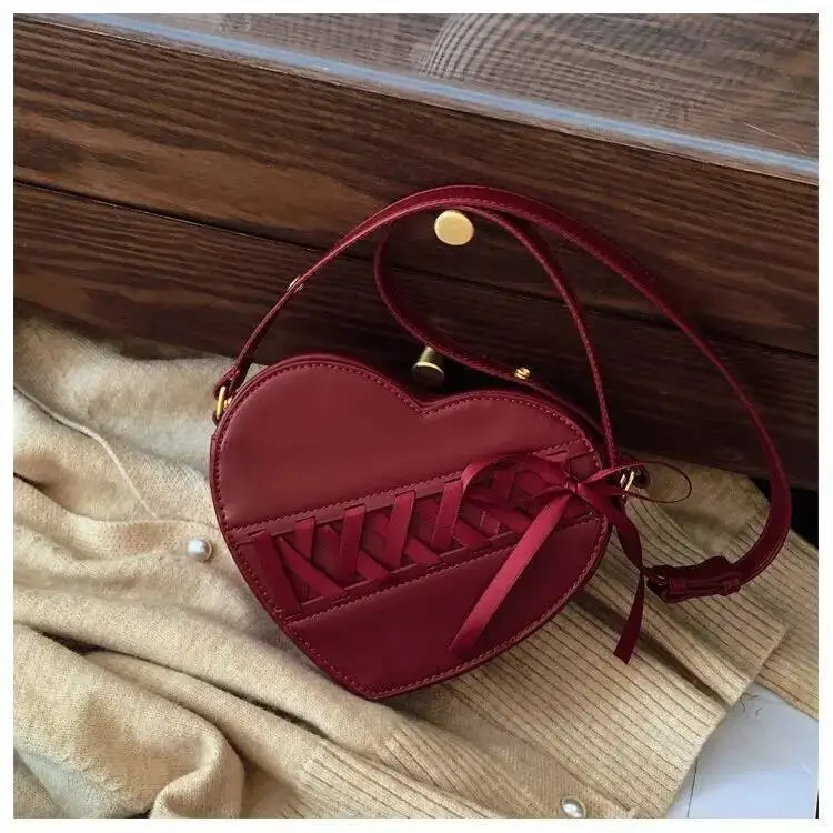 Bloom Heart Red Crossbody Bags For Women 2025 Pu Leather Chic Bow Messenger Bag Ladies Retro Sweet Handbag Purse Female