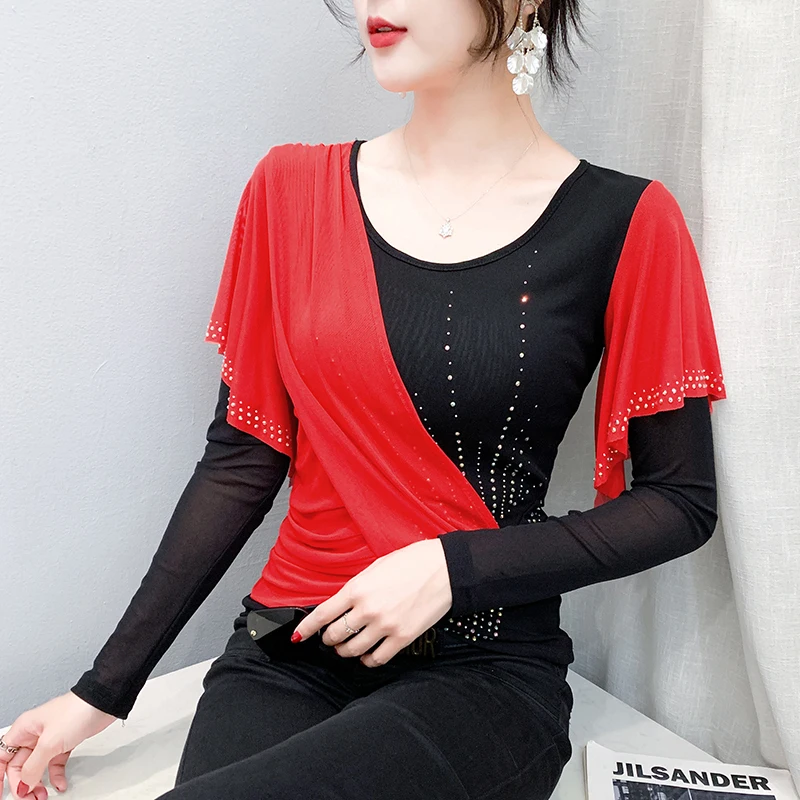 MadBlack-Women European T-Shirt, Sexy O Neck Ruffles Hot Diamond, Hotsweet Long Sleeve Slim M-3XL Tee, 2026 Autumn New T69109CC