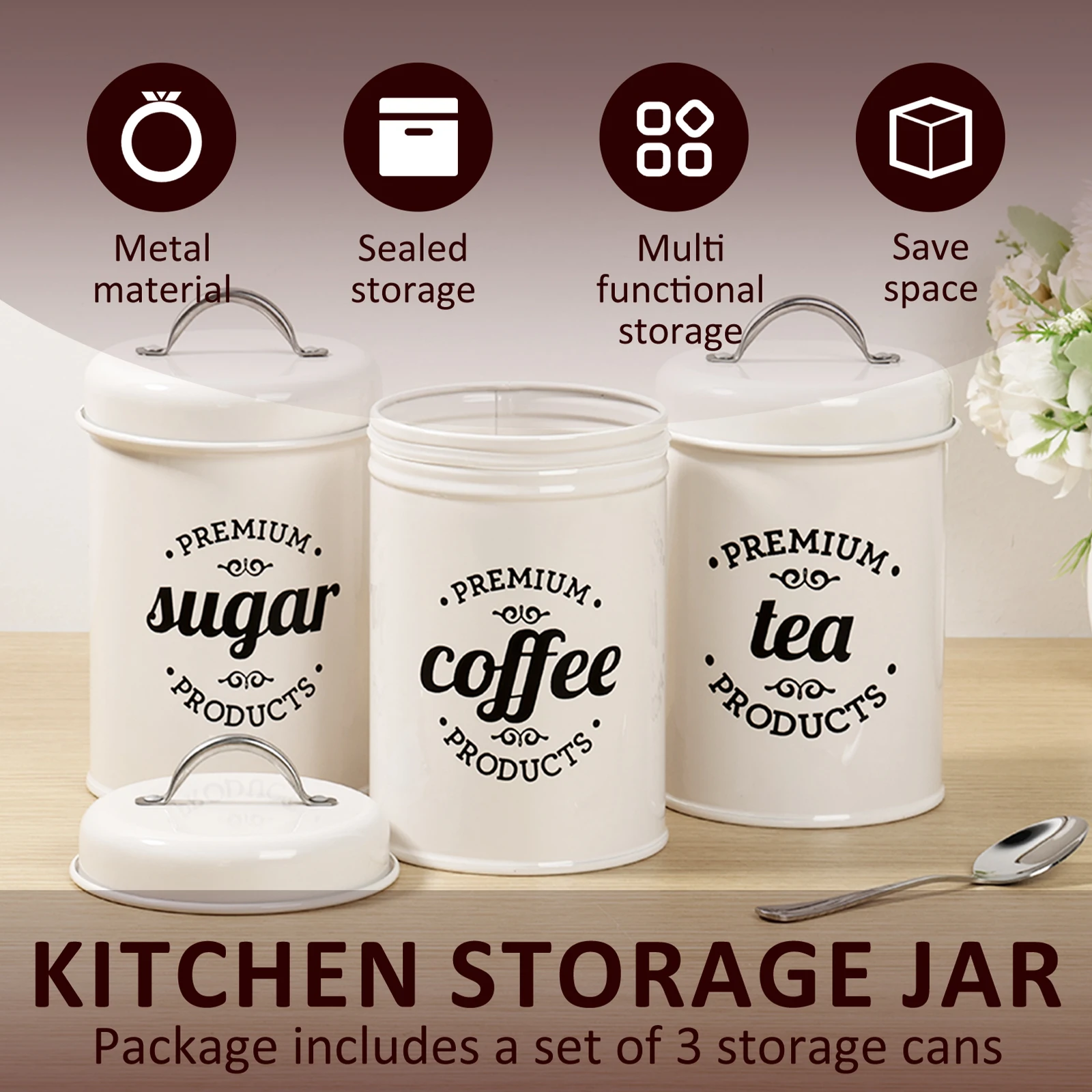 3Pcs Coffee Bean Organizer Kitchen Tea Coffee Sugar Canisters Set With Lid Metal Food Storage Cans For Kitchen Storage Supplies