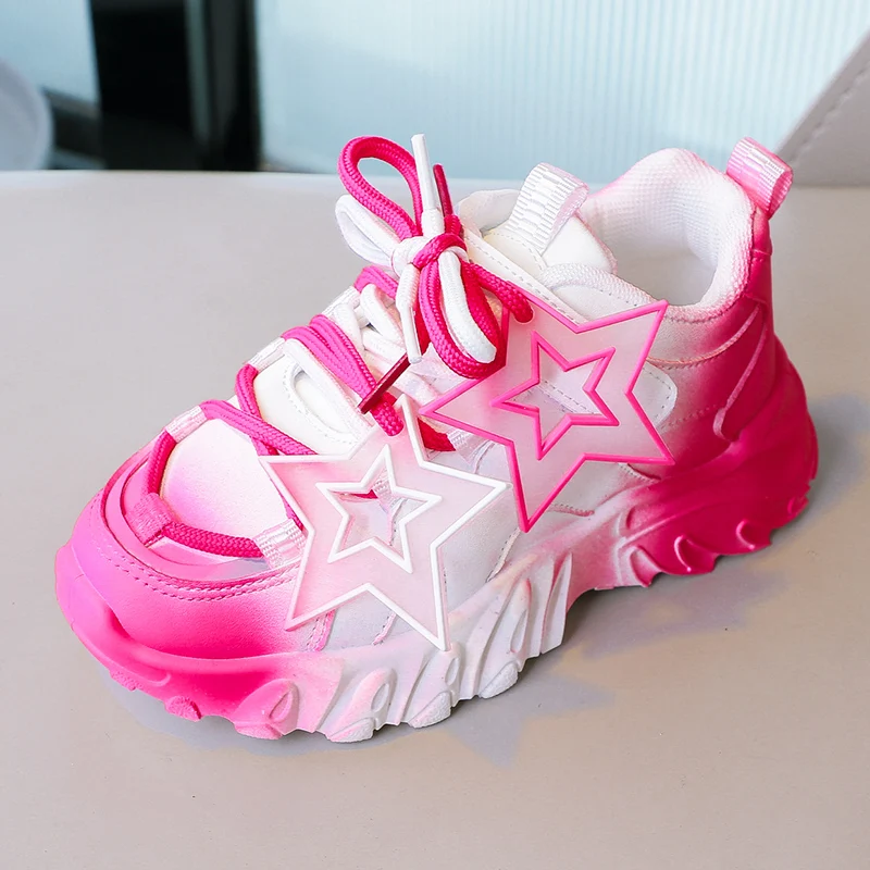 Breathable Gradient Color Kids Sports Shoes, Breathable Chunky Sneakers for Girls and Boys with Star Decoration