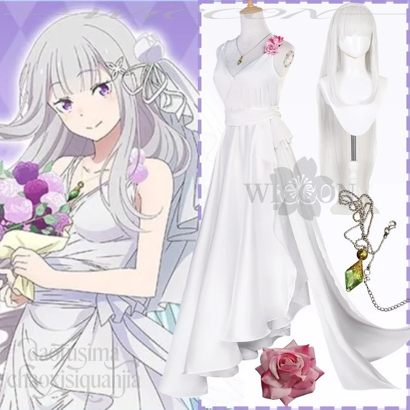 

New Anime Zero Emiria Cosplay White Lolita Wedding Dress Sleeveless Long Beautiful Kawaii Outfit With Long Wig Flower Props