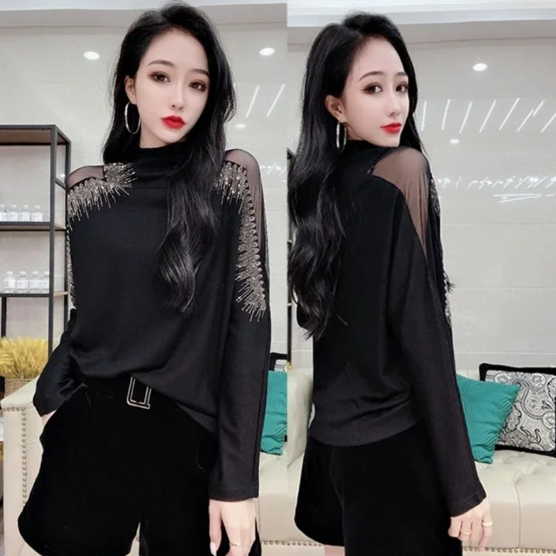 

Cool Pulovers Skinny Tees Glitter Rhinestone Sexy T Shirts Female Black Clothes Long Sleeve Top for Women Aesthetic Wholesale O