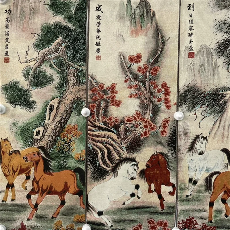 Chinese Old Color Brocade Four Screen Eight Horses Diagram Embroidery Painting Decorative Artwork for Home Decor