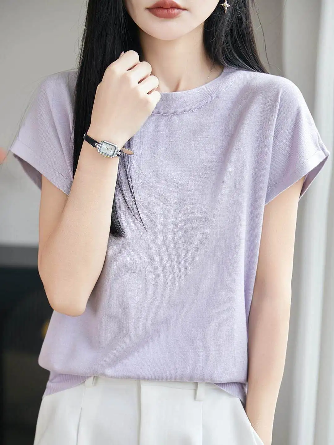 Women's round Neck Short Sleeve Knitted Shirt Summer Thin Silk Cotton Breathable Cool Feeling Simple Pure Color Base T-Shirt