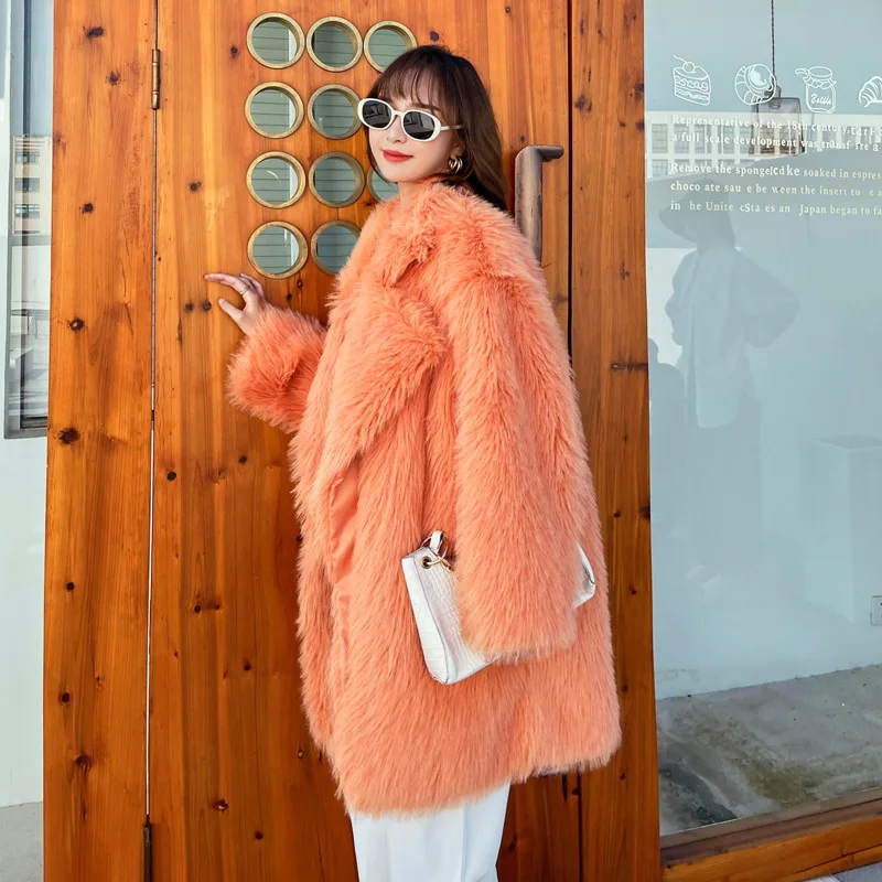 Women Imitation Fox Faux Montage Jacket Lapbel Female Loose Medium Long Coat Elegant Thermal High Street Plush Coats Winter