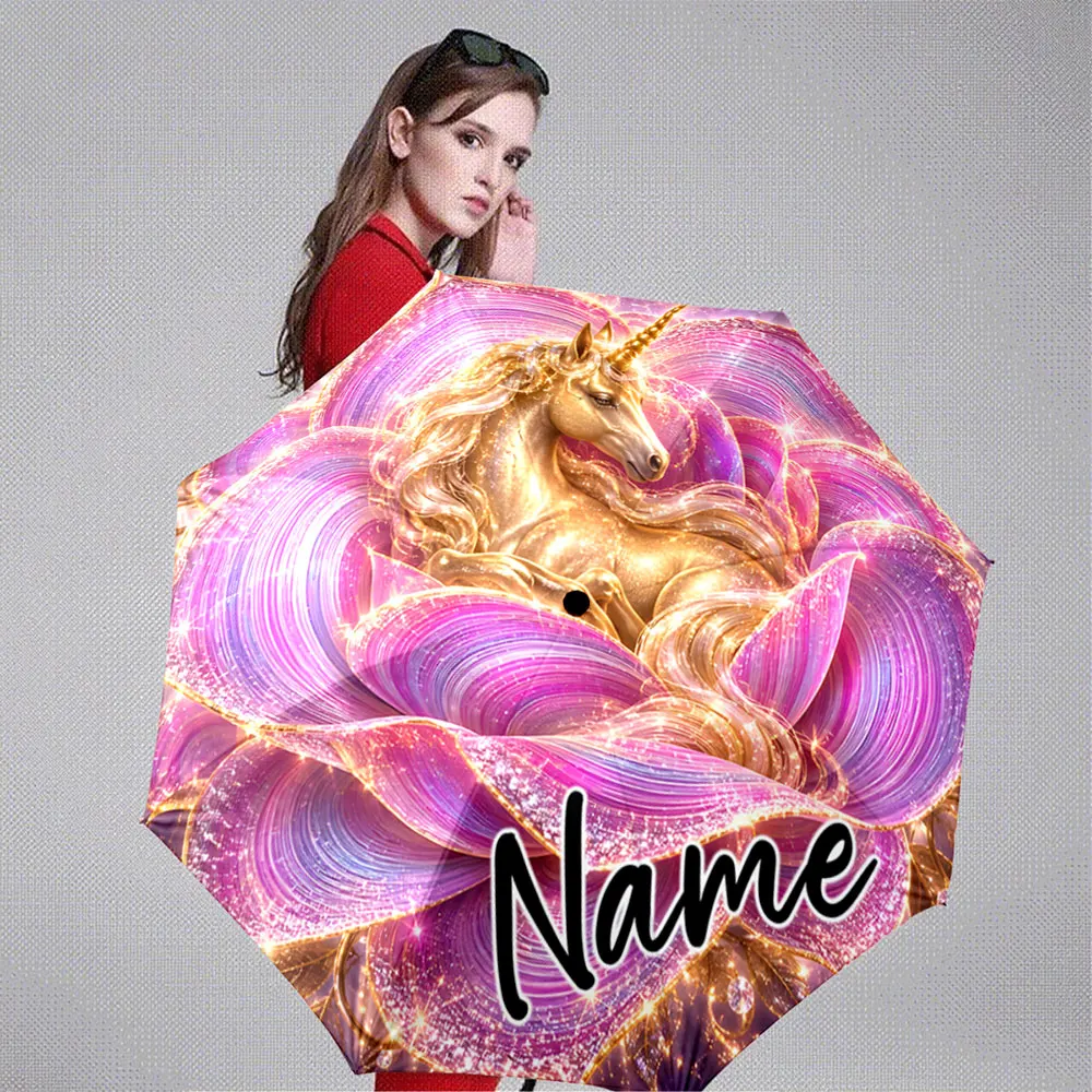 Custom Name Umbrella Golden Unicorn with Sparkle on Pink Purple Spiral 8 Iron Ribs Folding Umbrella Auto-Open Fashion Sunshade