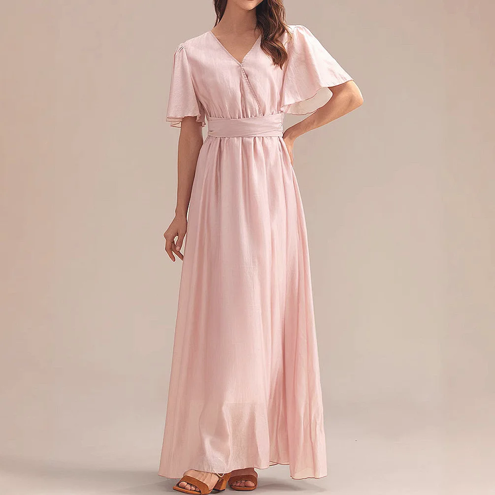

Dress summer new women's v-neck elegant chiffon lace-up skirt fashionable simple elegant temperament high-end vacation style eve