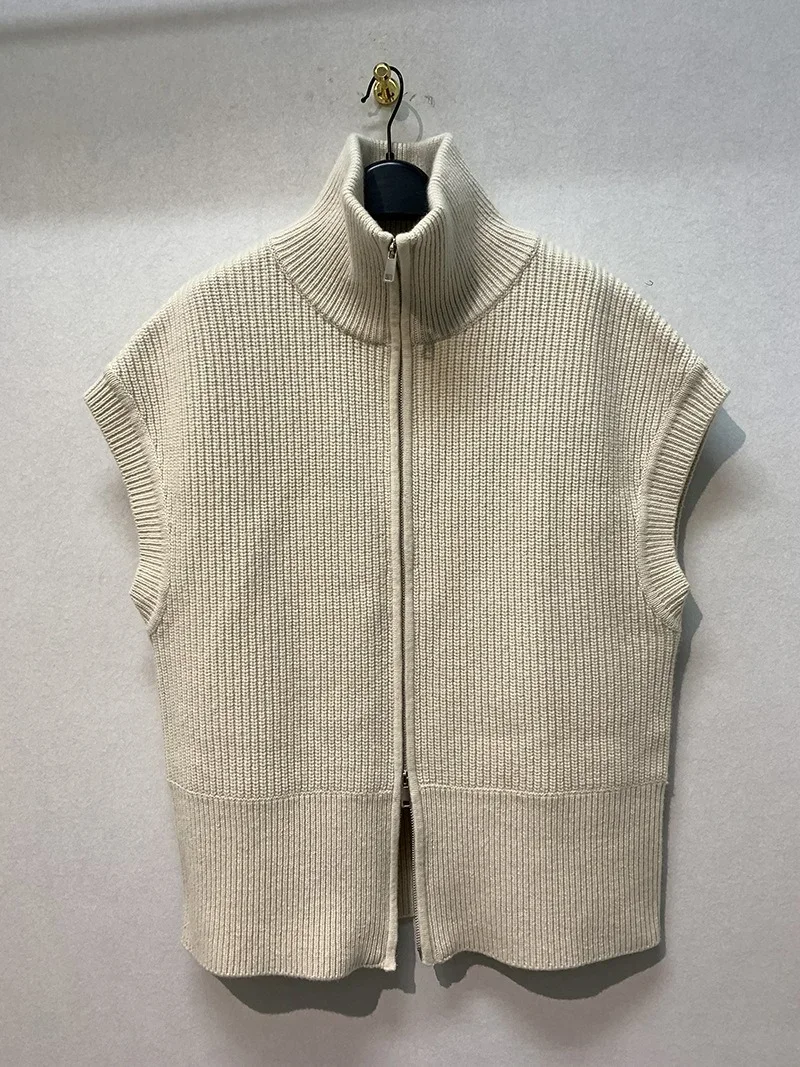 Kuzuwata Design Sense Loose Turtleneck Women Pulls Cocoon Thin Loose Chaleco Mujer Sleeveless Zipper Sweater Vest Cardigan