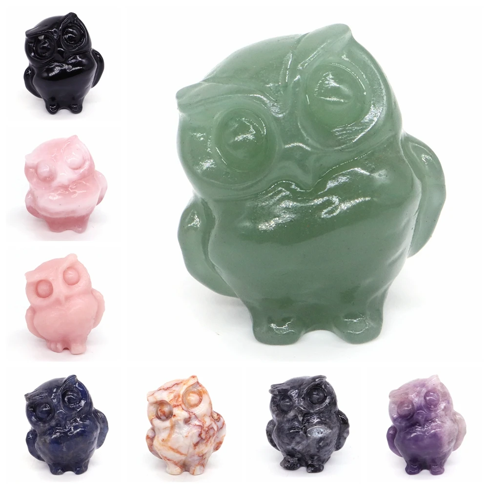 

1.2" Natural Crystal Stone Carved Owl Animal Crafts Hand Made Mini Figurines Healing Quartz Gem Home Decoration Collect Gifts