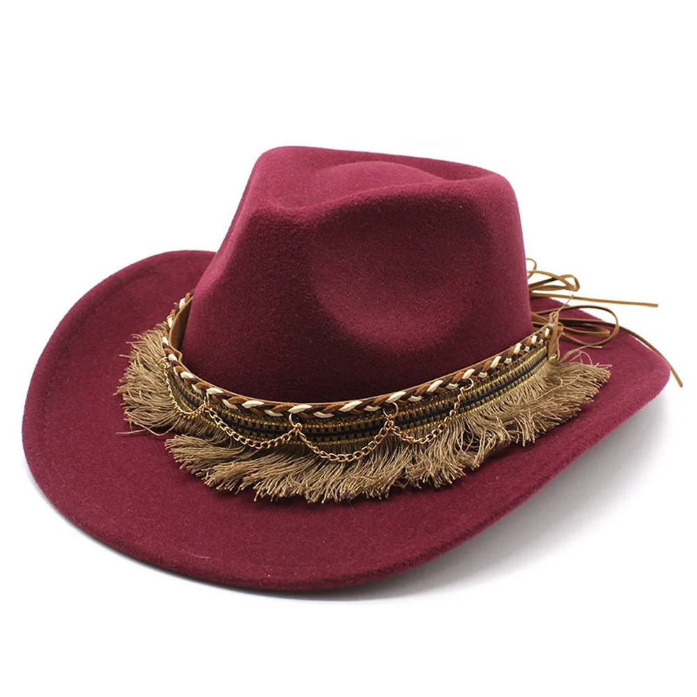 Cowboy Hat For Women And Men Tassels Jazz Cap Woolen 57-58cm Ethnic Style Curved Brim High Quality Cowgirl NZ0062