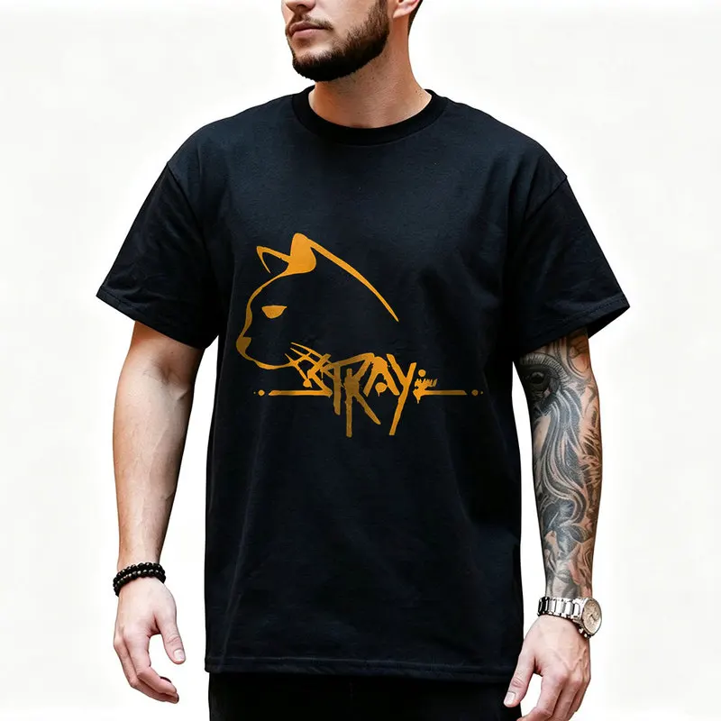 Stray Video Game Cat Graphic T‑Shirt O‑Neck Short Sleeve Unisex Tees Cyberpunk Stray Cat Print Casual Streetwear For Gamer Fans