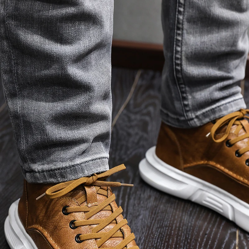 Italian Designer Fashion Men Jeans High Quality Retro Gray Elastic Slim Fit Ripped Jeans Men Vintage Casual Denim Pants Hombre