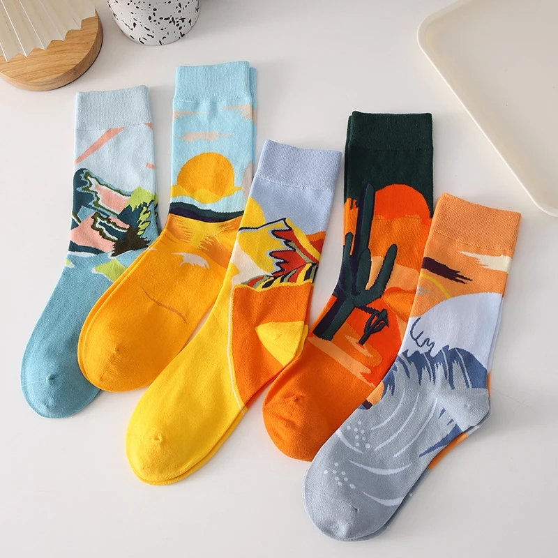 Fashion Colorful Women's Socks  Renaissance Art Graffiti Illustration Socks Cute Funny Cactus Sun Personality Creative Stocking