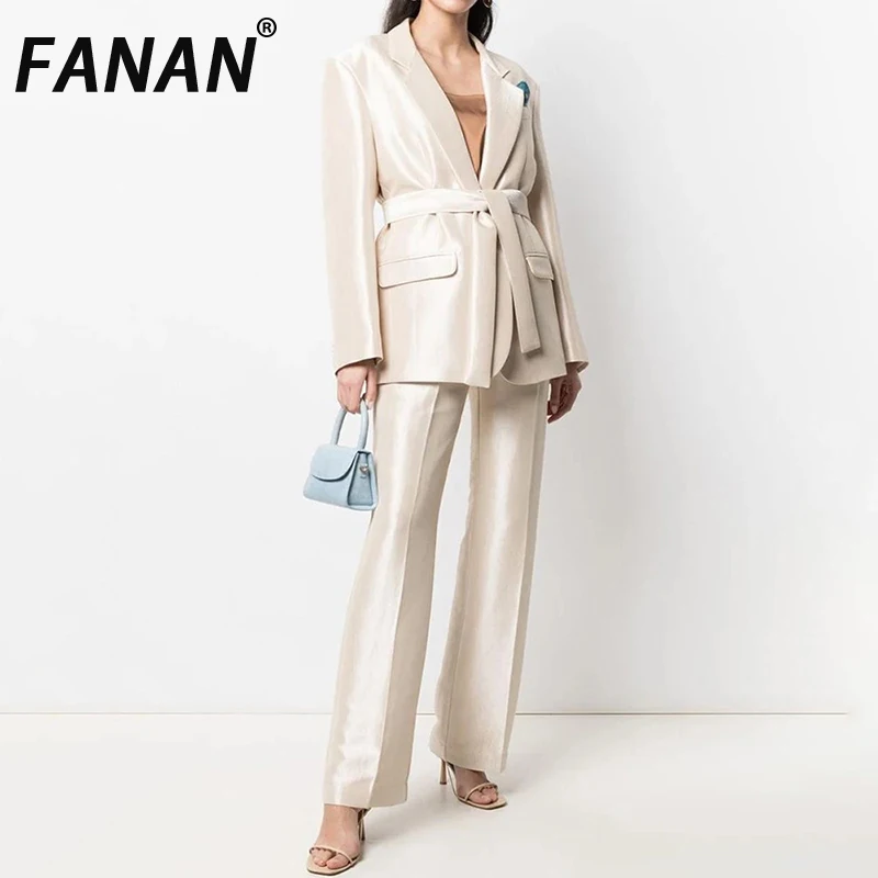 

FANAN Элегантный комплект из 2 предметов, женские блейзеры с поясом с лацканами + прямые брюки с высокой талией, офисные женские костюмы, новинка 2023 года