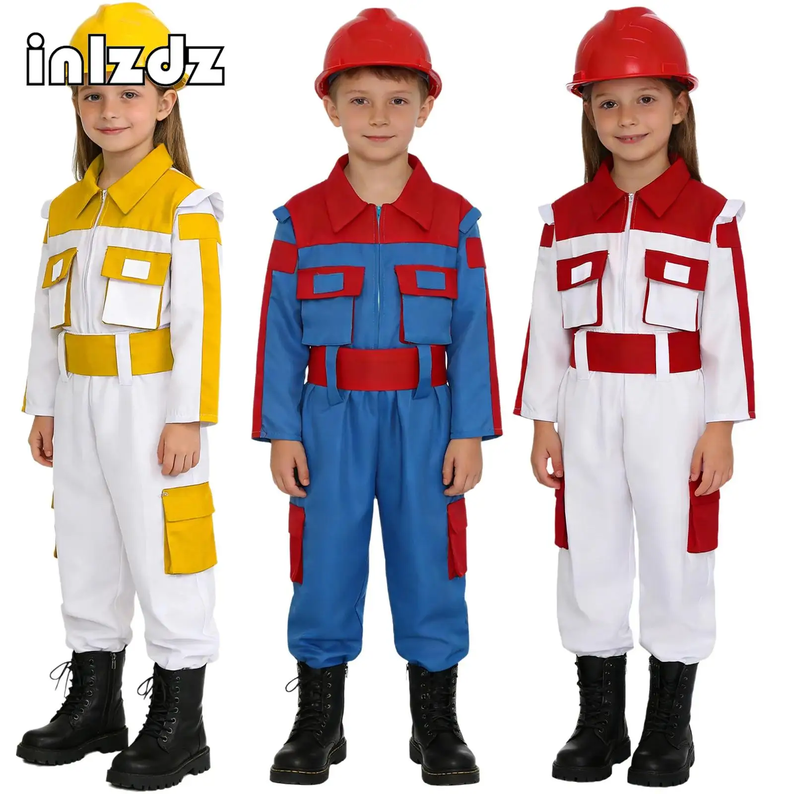 

Girls Boys Construction Worker Cosplay Outfit Long Sleeve Zip Up Top with Pants And Accessories Set Engineers Electricians Set