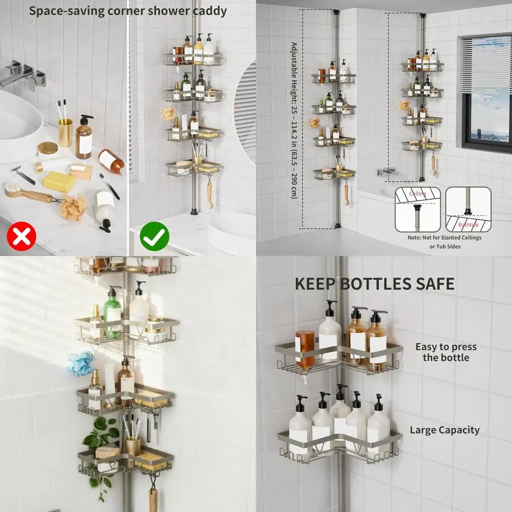 

Adjustable 4-Tier Shower Caddy with Tension Pole, Rust-Resistant, Space-Saving for Renters, 25-114.2 Inch, Silver Gray