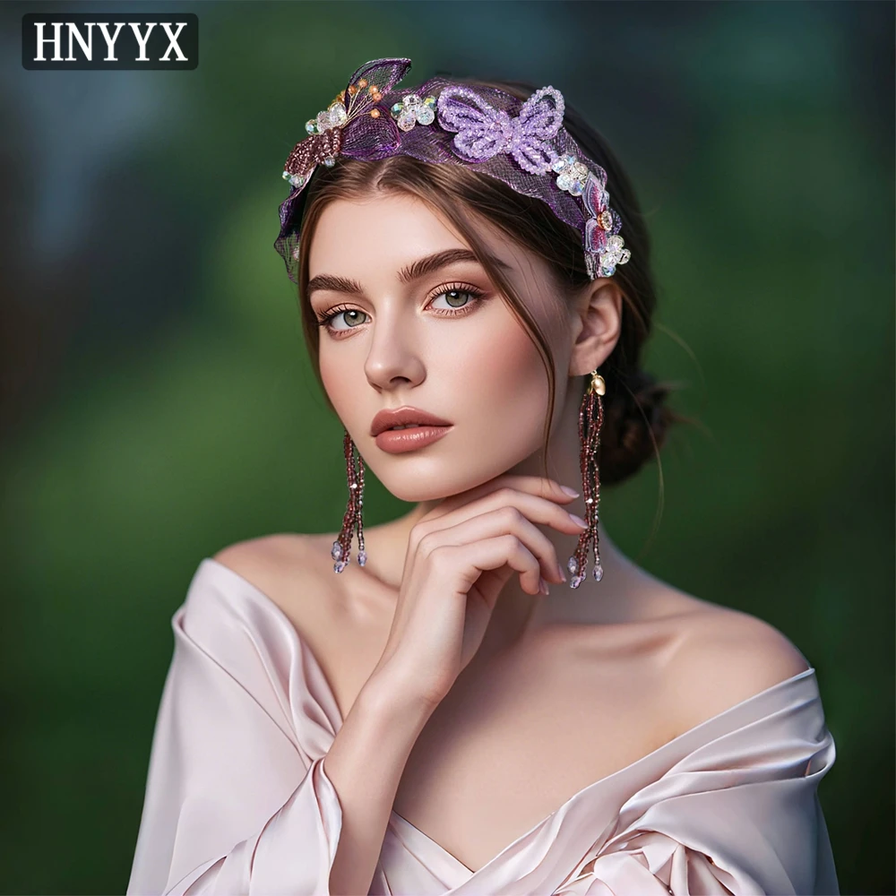

HNYYX Elegant Crystal Headband Butterfly Flower Hair Hoop Wide Brimmed Mesh Headpiece Wedding Jewelry Hair Accessories A336