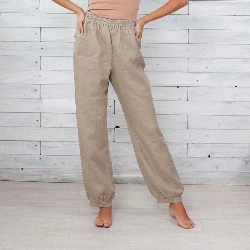 Pantalon Long en Coton et Lin pour Femme, Vêtement Simple et Élégant, Couleur Unie, Confortable, FJHomewear, à Ceinture artificiel astique, à la Mode