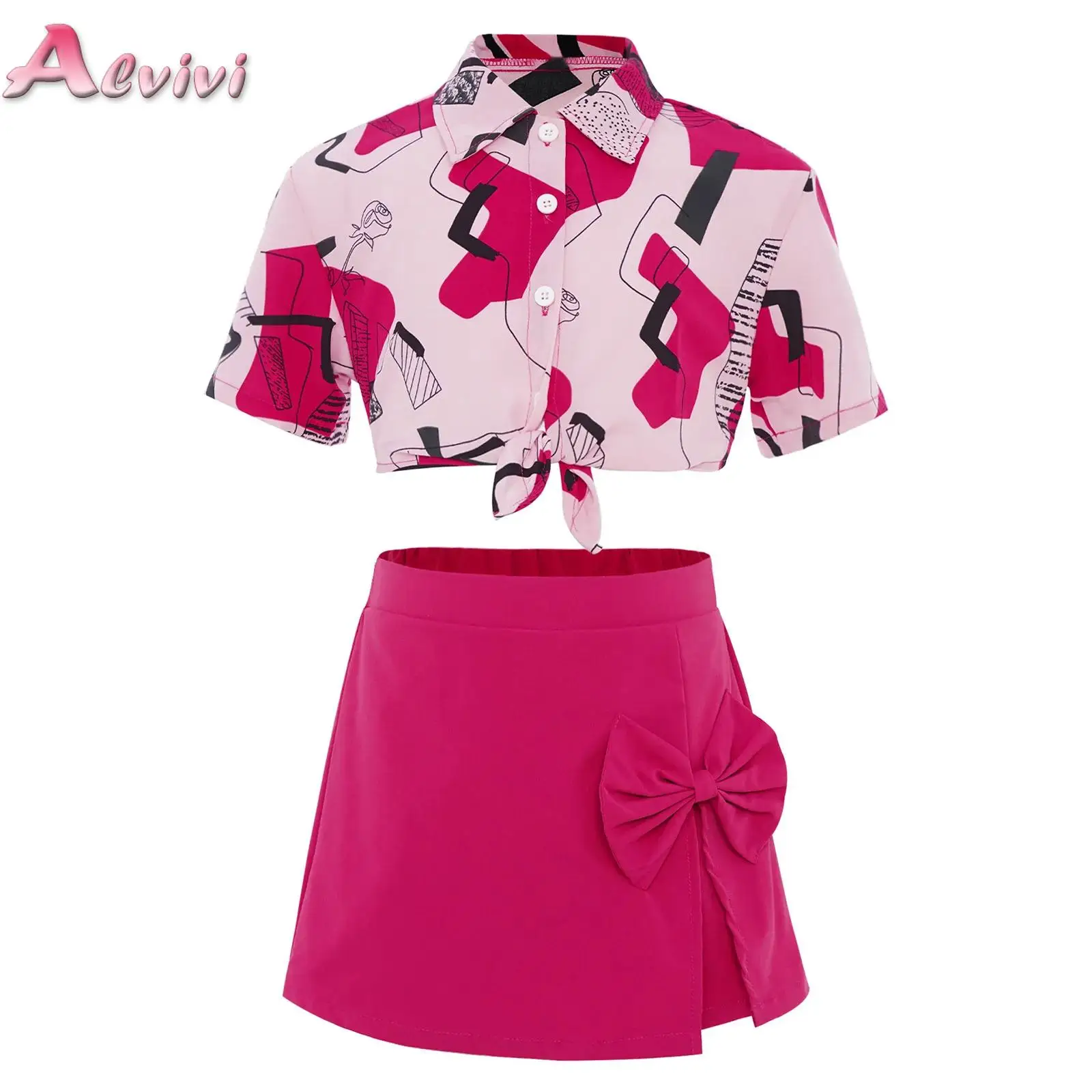 

Kids Girls 2-Piece Fashion Sets Short Sleeves Cropped Shirt with Bowknot Culotte Outfit for Party Holiday Picnic Travel Vacation