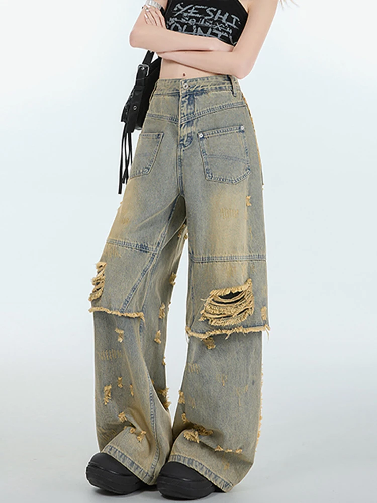 Large Size 2XL-6XL American Personality Street Women Wide-leg Jeans Temperament Retro High Waist Loose Ripped Straight Trousers - Image 4
