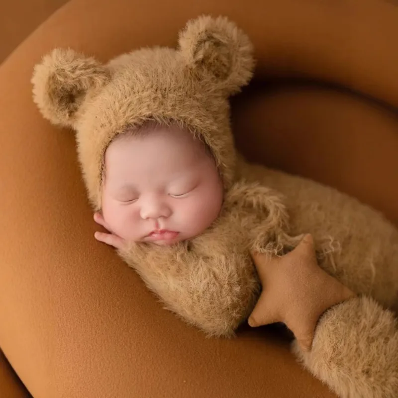 Accesorios para sesión de fotos para niña y niño, sombrero de oso de peluche de poliéster y pelele con patas, trajes de fotografía para recién nacidos, foto de 1er mes