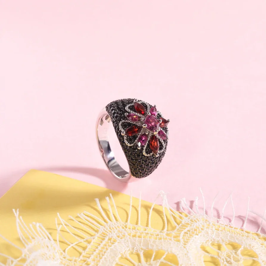 GZ ZONGFA 100% Natural Garnet Rhodolite Rings for Women 925 Sterling Silver Flower Rings Fine Jewelry Birthday Gifts