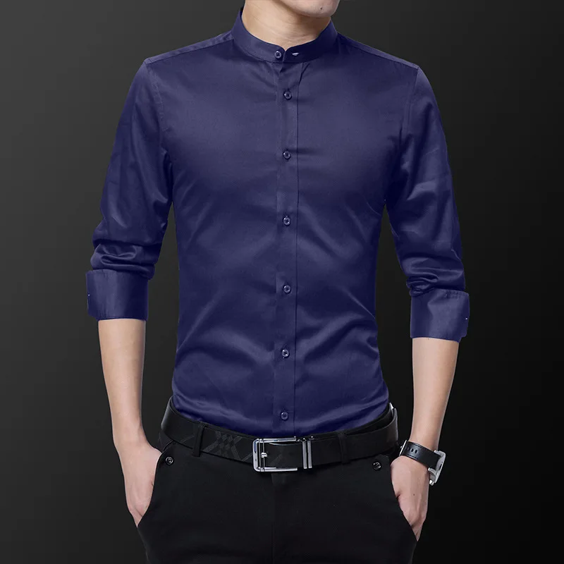 Fashion Men\'s Stand Collar Business Shirts Long Sleeve Solid Color White Single Casual Standard Fit Button-down Collar Shirts