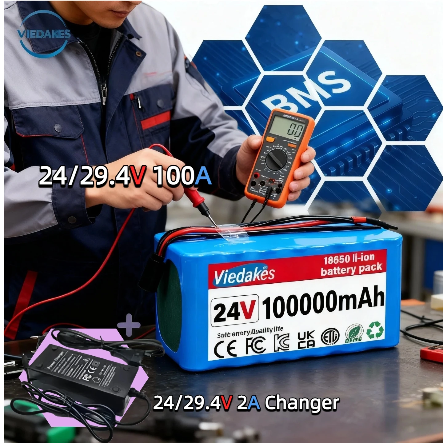 

18650 29.4V 7S3P 100Ah Rechargeable Lithium Battery 24V 50Ah with BMS Suitable for 24 V - 29.4 V motors + 2 A charger
