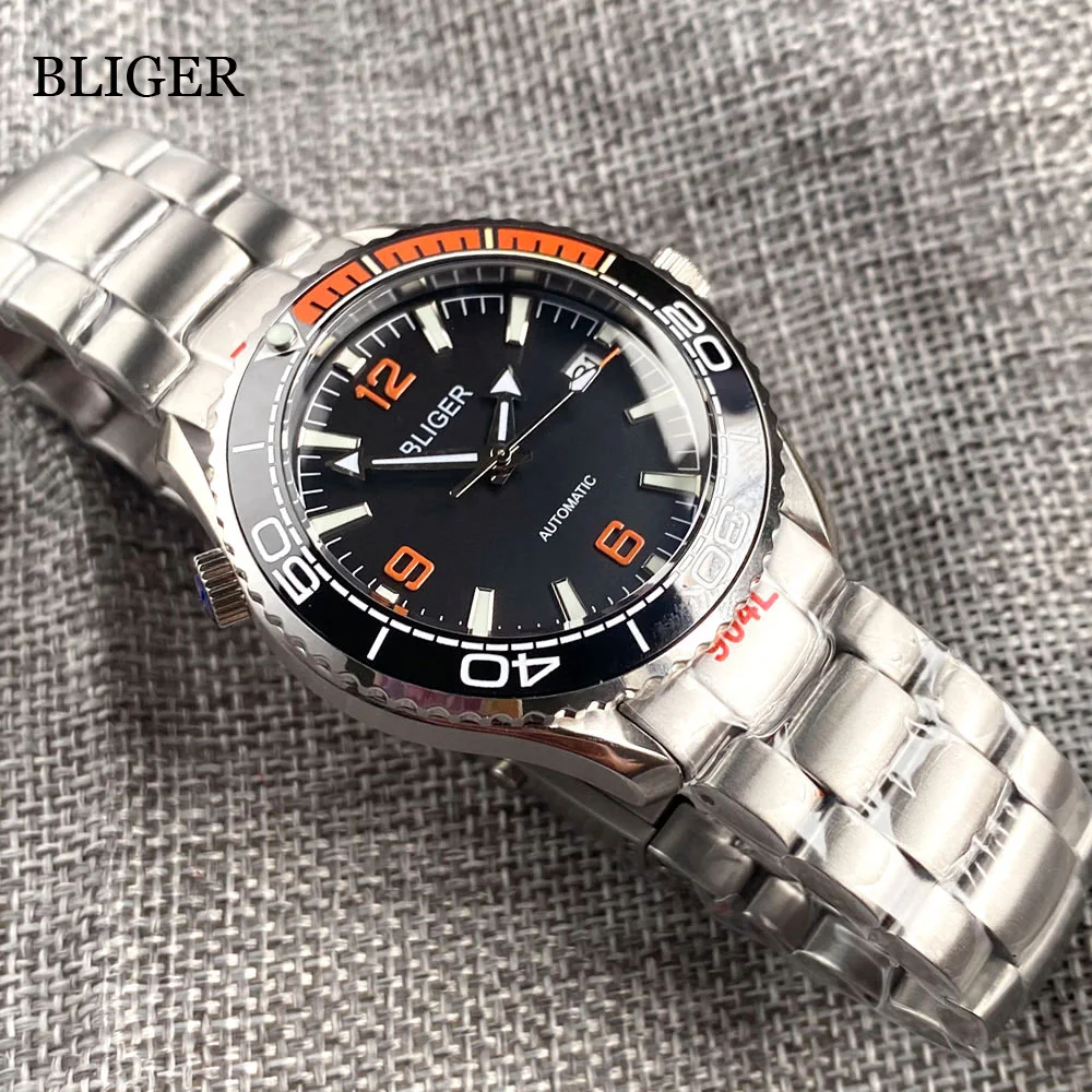 BLIGER 41mm  NH35A Miyota Automatic Watch Men Sapphire Glass Luminous Stainless Steel Strap Blue Black Dial Ceramic Bezel