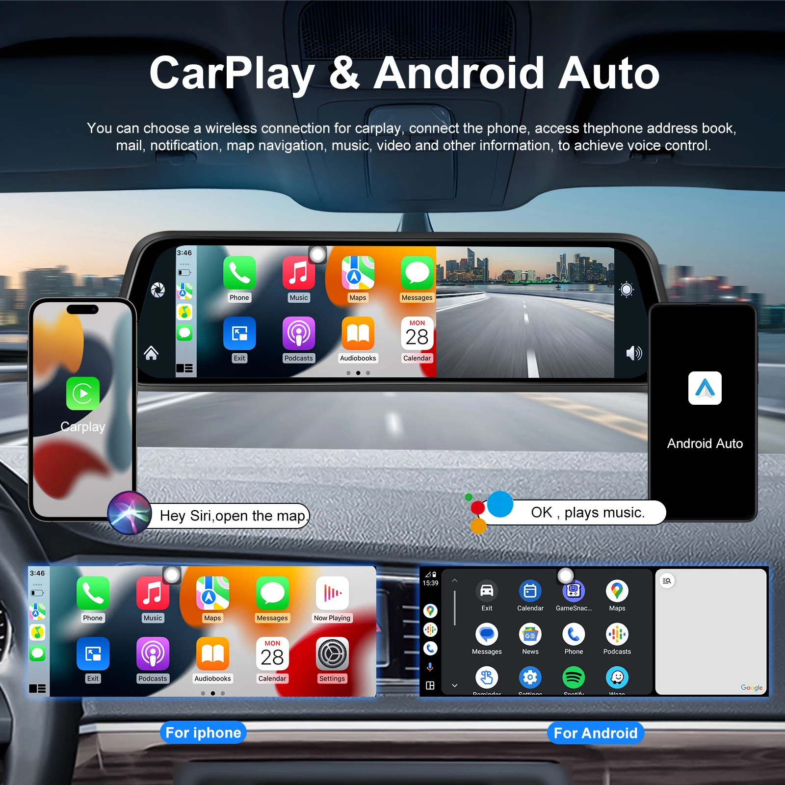 Camecho 12-calowy monitor lusterka wstecznego samochodu Bezprzewodowy Carplay Android Auto z kamerą DVR do przodu 4K Obsługa parkowania Tylna kamera