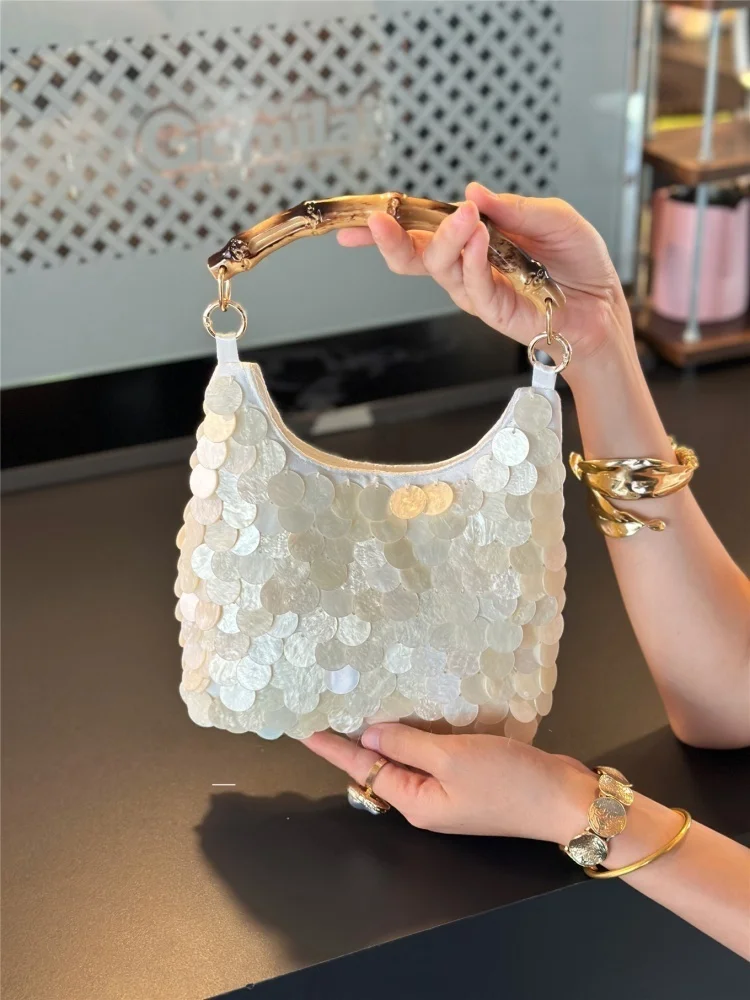 

New Bamboo Handbag French Style Hand Sewn Sequins Shell Bag Women's Vacation Travel Tote Bag Single Shoulder Crossbody Bag