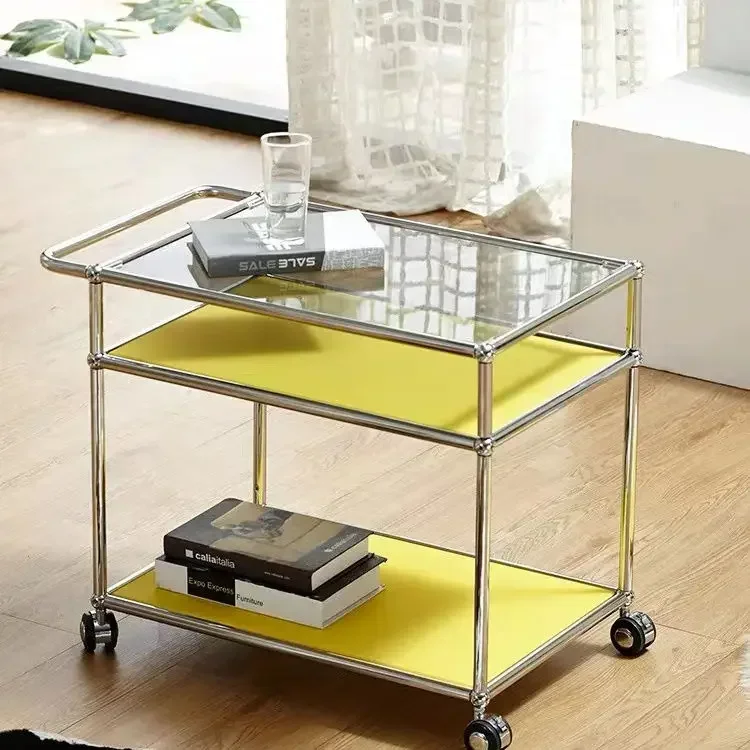 Light Luxury Stainless Steel Mobile Trolley Combination Side Table Rack Living Room Island Dining Car Double-layer Storage