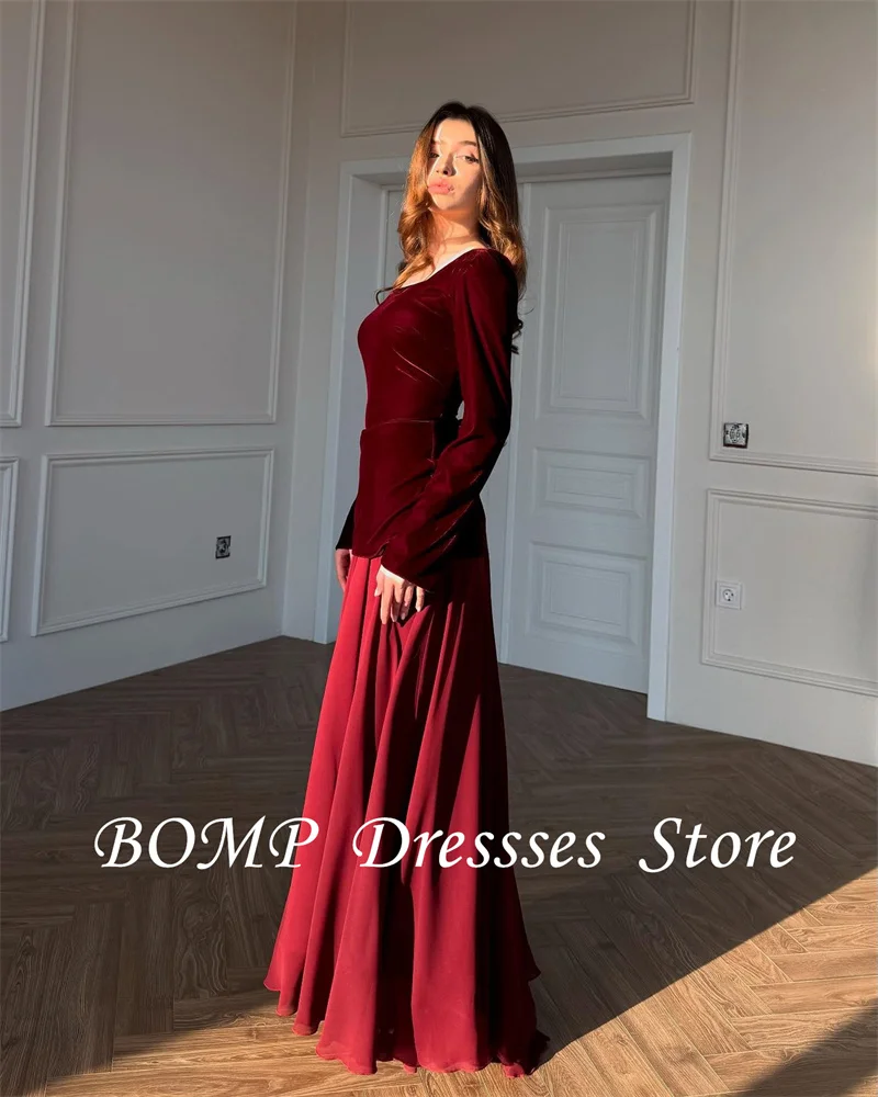 BOMP Simple Burgundy Formal Evening Dresses Velvet Long Sleeves Chiffon Skirt Prom Gowns Wedding Party Arabic Women Customized