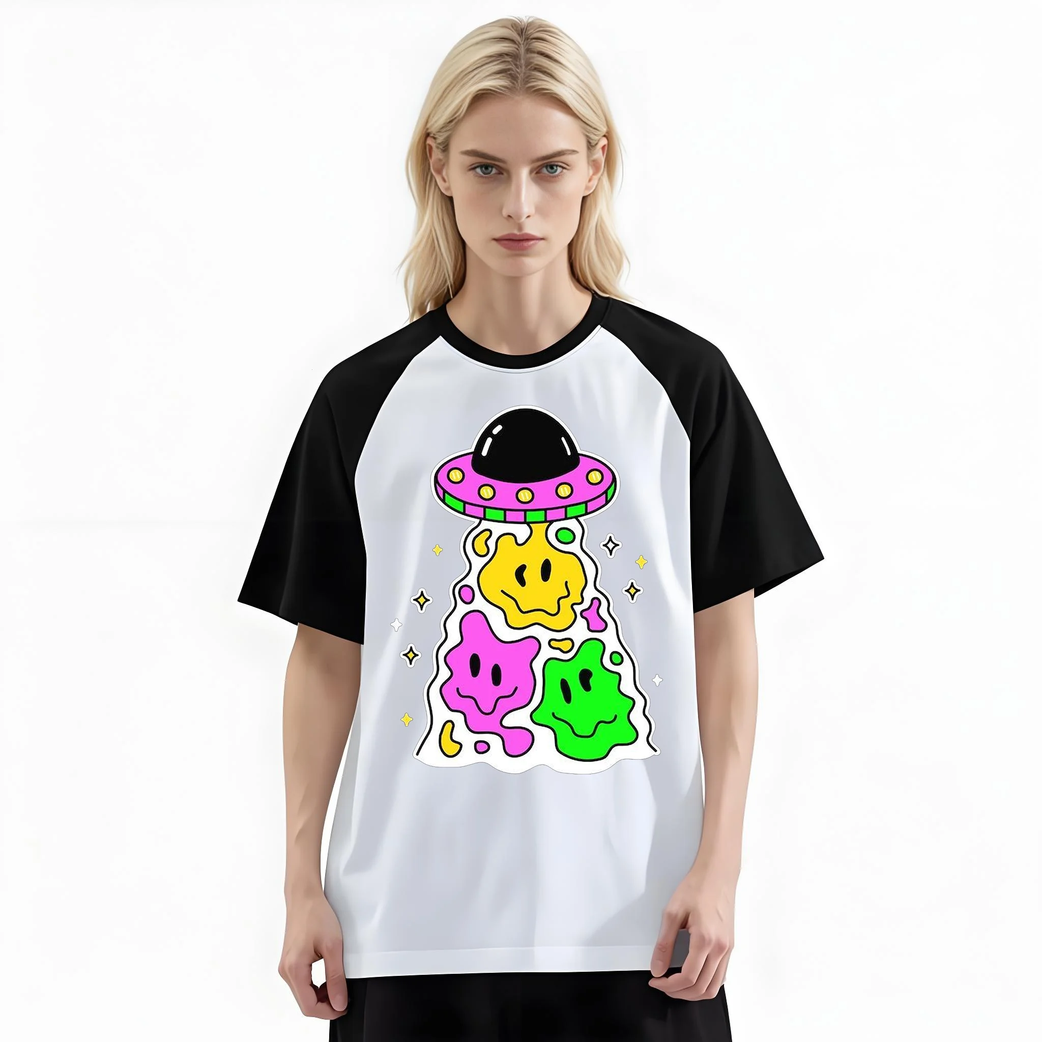 Women'S Fashion Raglan Sleeve T-Shirt, Trippy Smiley Face Alien UFO Y2K Cartoon Printed, Summer Casual Comfortable Tee, Women'S Everyday Short-Sleeve Top